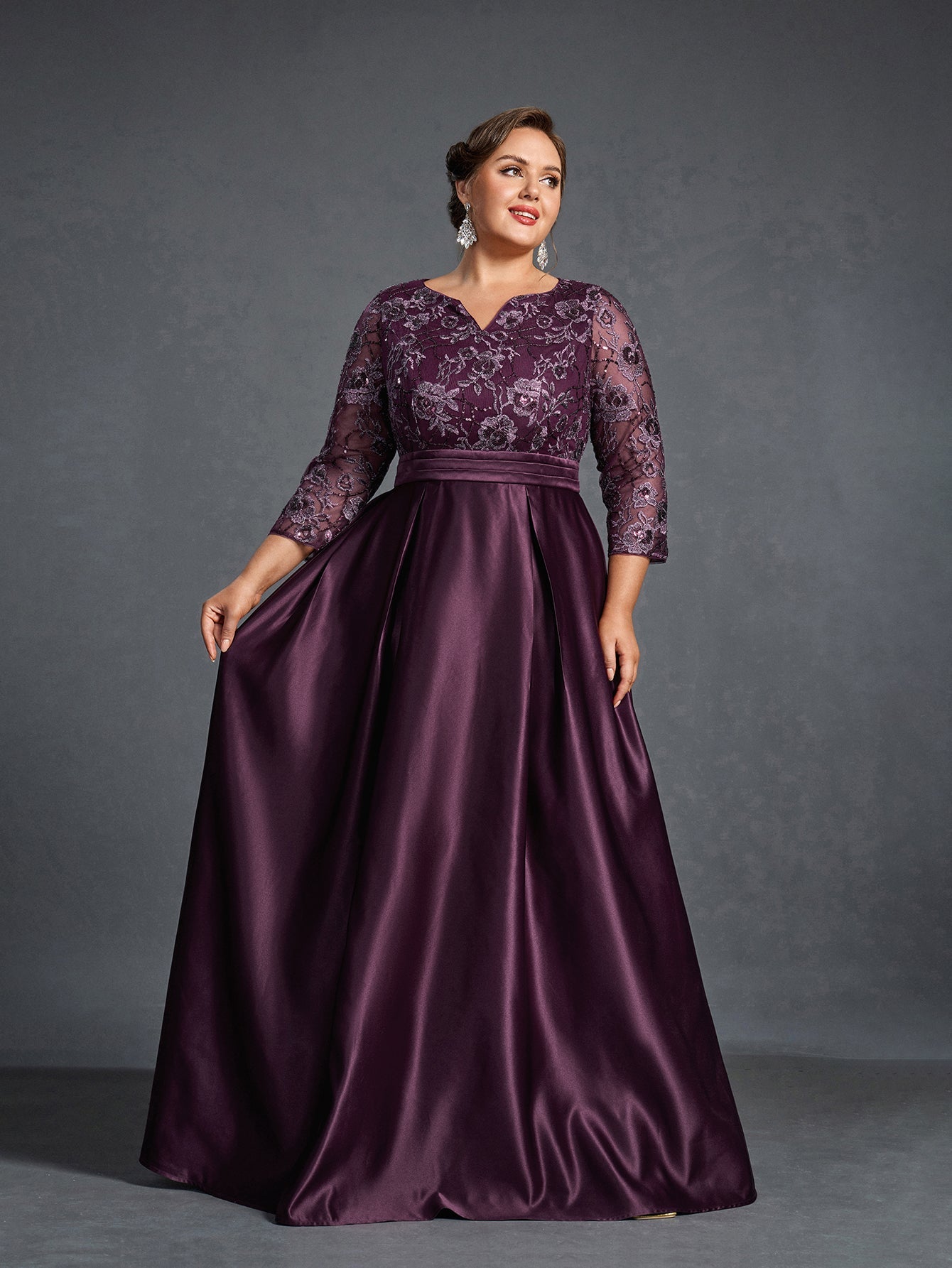 Additional product view of Plus-Size Satin V-Neck A-Line Sequin Mother-of-the-Bride Dress