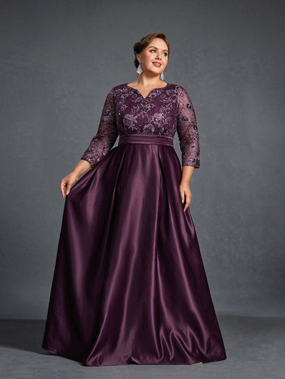 Additional product view of Plus-Size Satin V-Neck A-Line Sequin Mother-of-the-Bride Dress