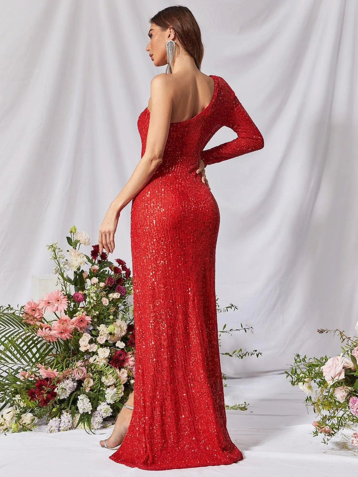 Additional product view of High-Slit One-Shoulder Sequin Sheath Maxi Evening Gown