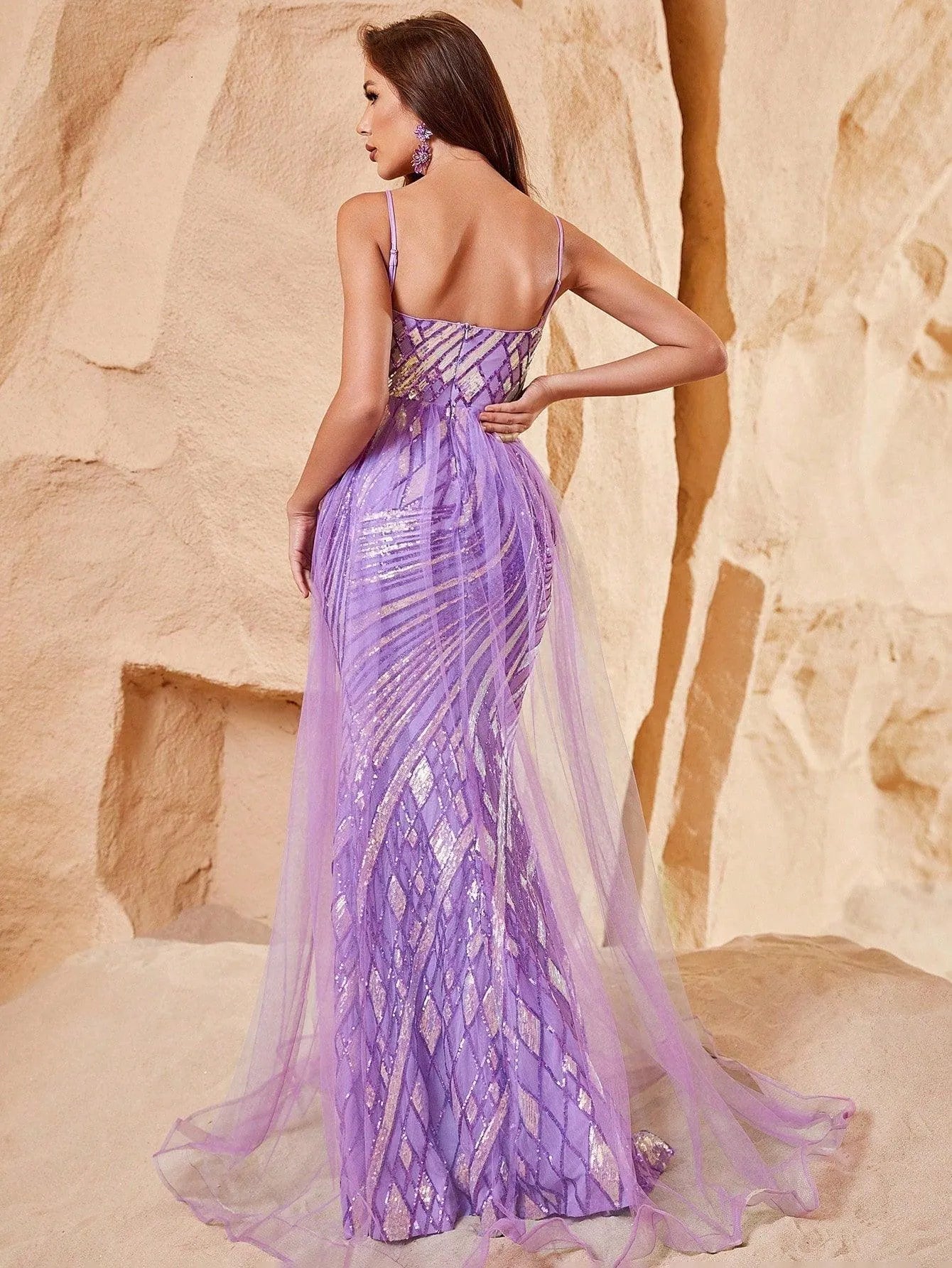 Spaghetti Strap Sequin Tulle Sleeveless Mermaid Evening Gown — authorized product image 2