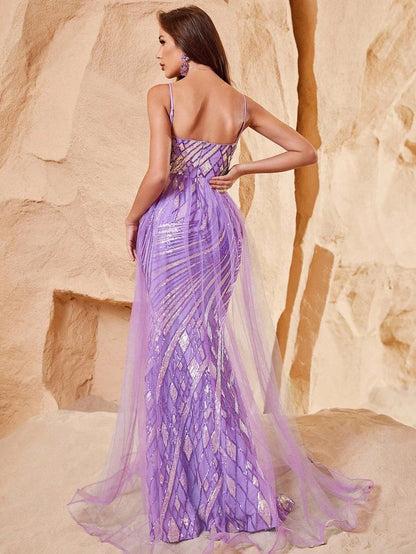 Spaghetti Strap Sequin Tulle Sleeveless Mermaid Evening Gown — authorized product image 2