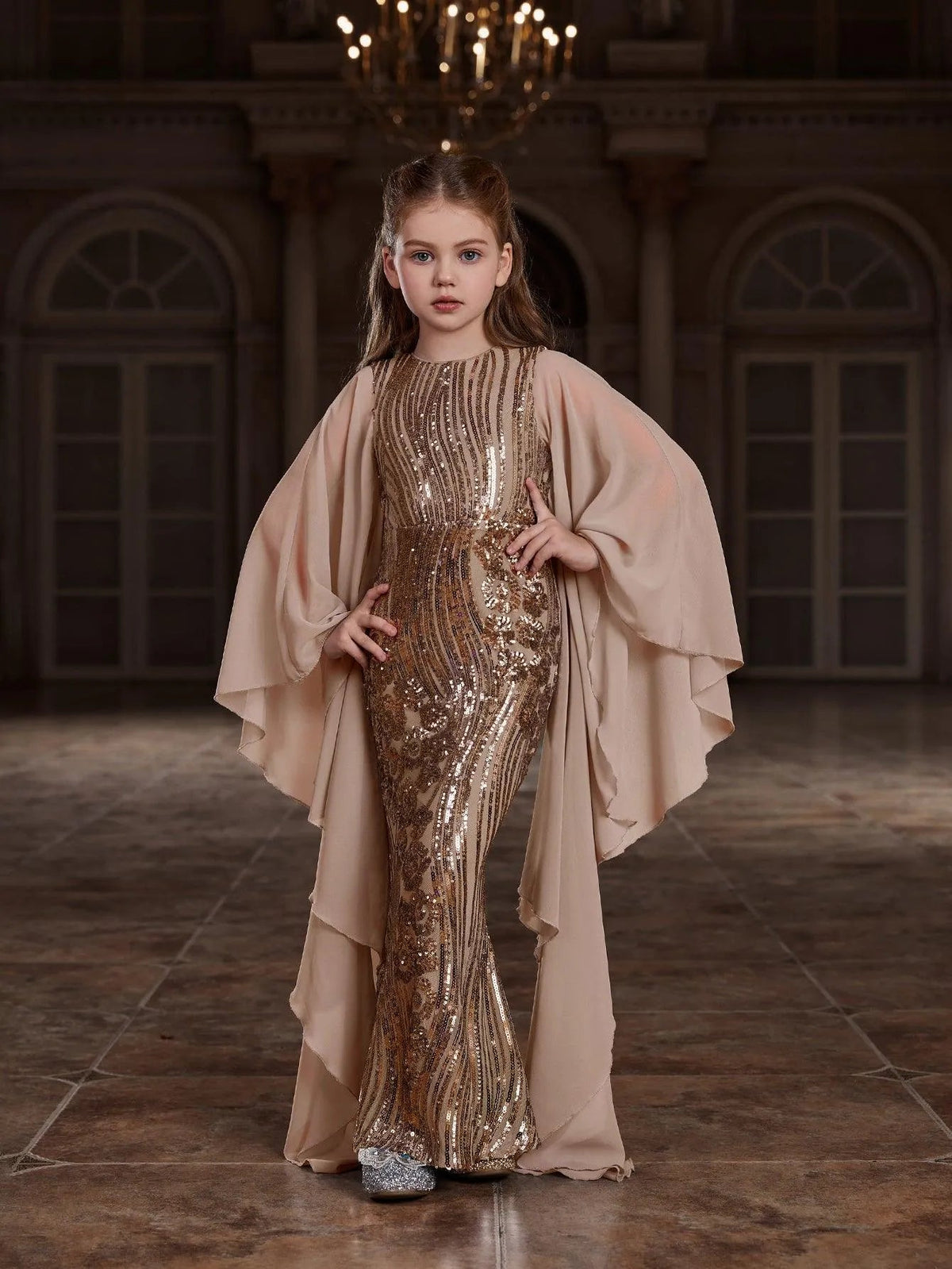 Tween Girls' Round Neck Sequin Long-Sleeve Mermaid Formal Gown — authorized product image 3