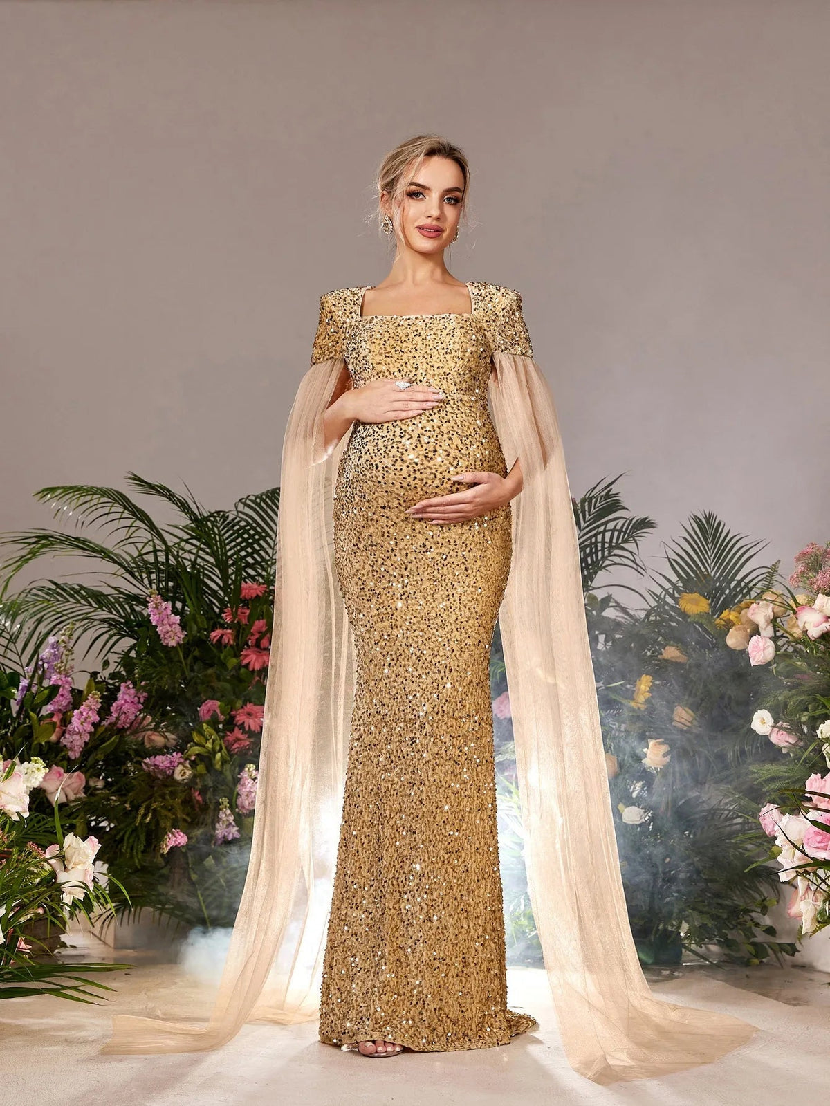 Maternity Square Neck Sequin Cape Mermaid Evening Gown — authorized product image 1