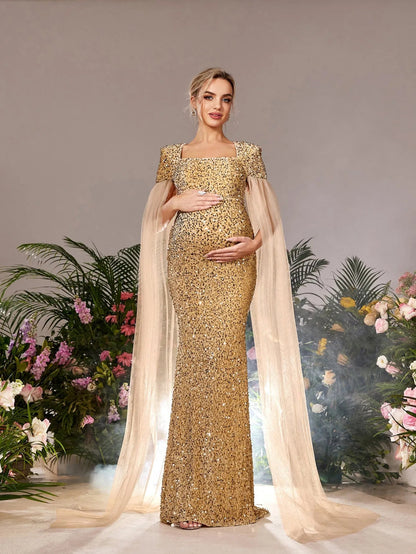 Maternity Square Neck Sequin Cape Mermaid Evening Gown — authorized product image 1