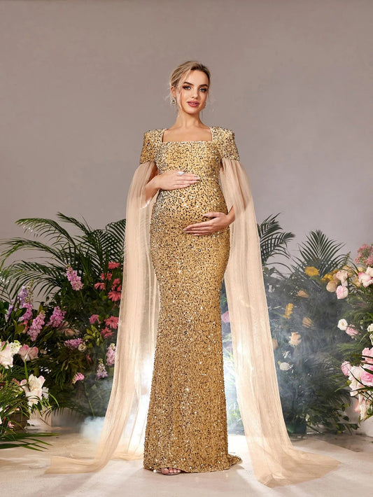 Maternity Square Neck Sequin Cape Mermaid Evening Gown — authorized product image 1