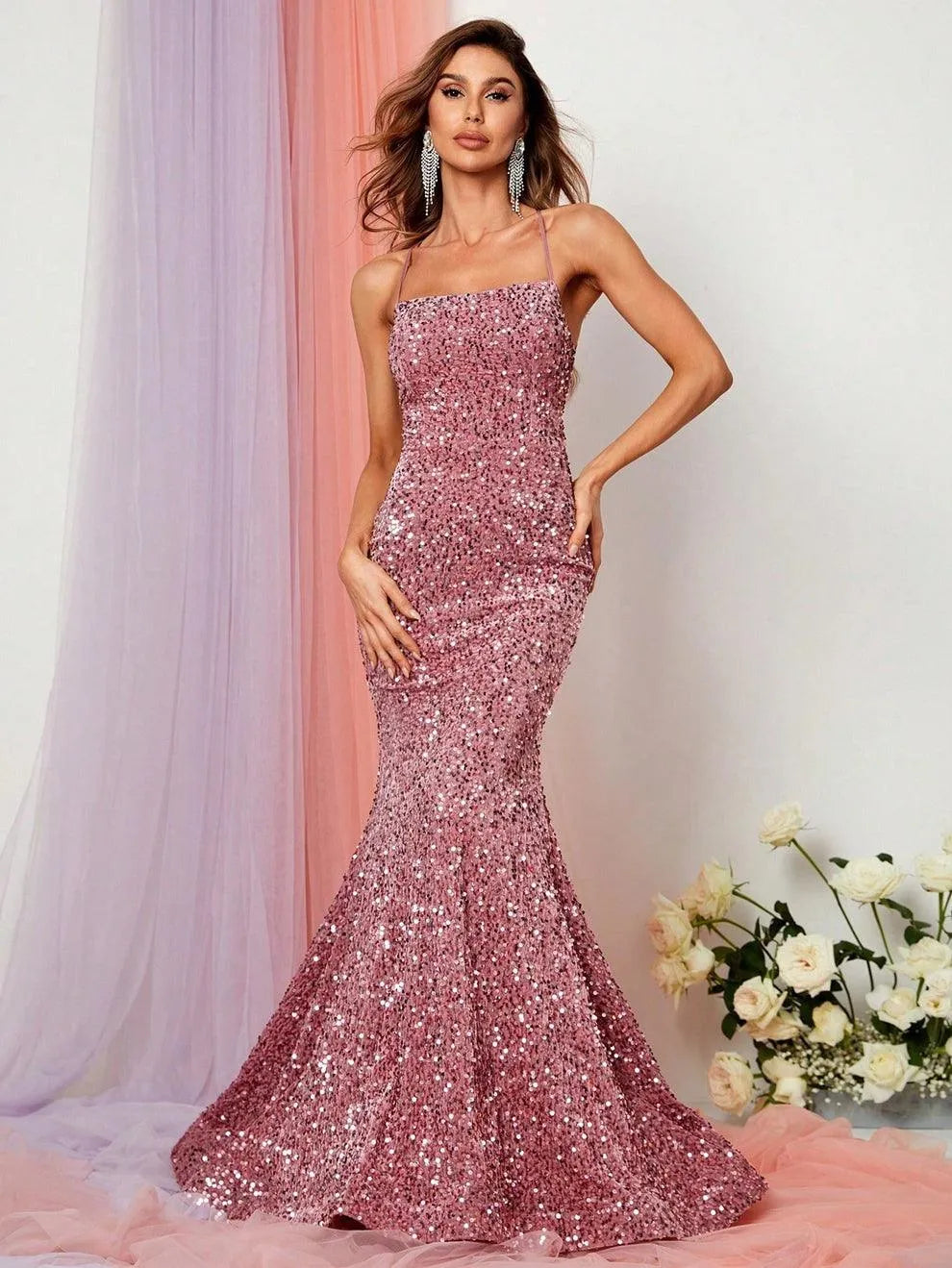 Spaghetti Strap Lace Sequin Sleeveless Mermaid Evening Gown — authorized product image 3