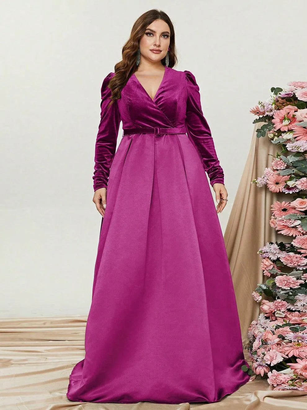 Plus V Neck Long Sleeve Belted Satin A Line Dress