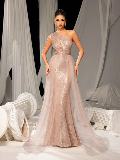 Mesh Overlay One-Shoulder Sequin Mermaid Sleeveless Evening Gown in Champagne