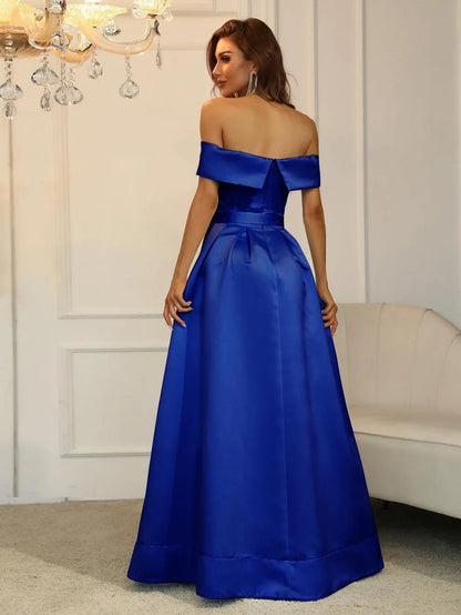 Additional product view of Belted Off-Shoulder Satin High-Slit A-Line Evening Gown