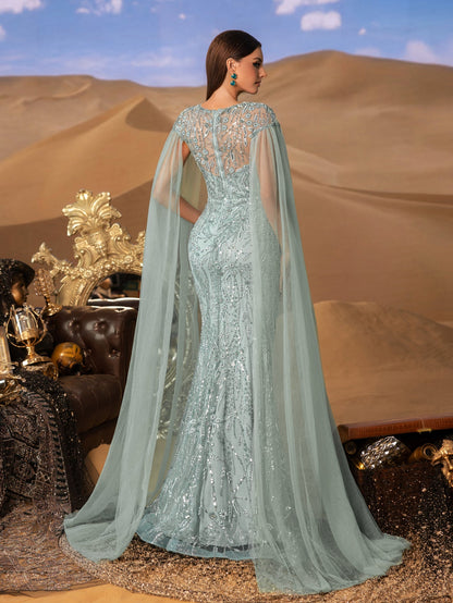 Luxury Round Neck Cloak Sleeve Mermaid Hem Beaded Evening Dress — authorized product image 8