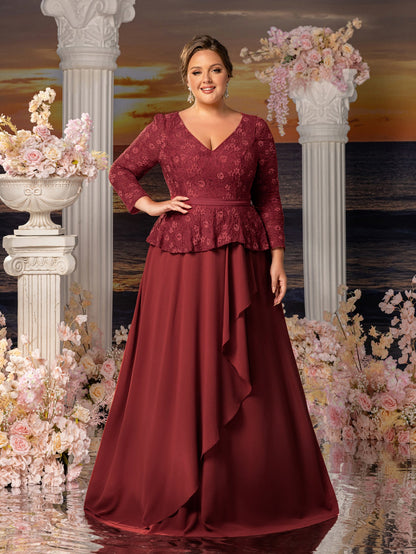Chiffon Skirt Plus-Size Lace V-Neck A-Line Mother-of-the-Bride Dress in Rust