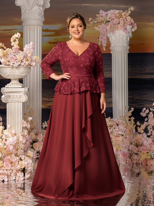 Chiffon Skirt Plus-Size Lace V-Neck A-Line Mother-of-the-Bride Dress in Rust