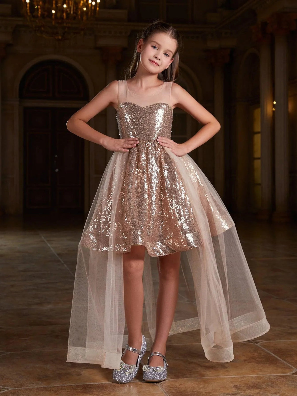 Additional product view of Contrast Mesh Sequin A-Line Sleeveless Midi Tween Girls' Party Dress