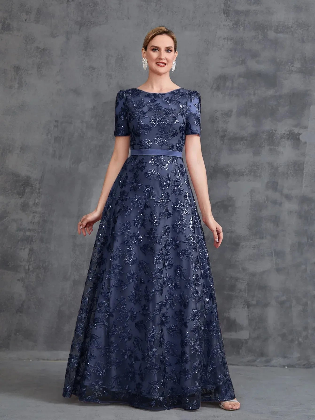 Alternate view of Short-Sleeve A-Line Sequin Maxi Mother-of-the-Bride Dress in Navy blue