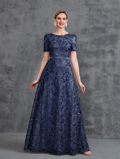 Alternate view of Short-Sleeve A-Line Sequin Maxi Mother-of-the-Bride Dress in Navy blue