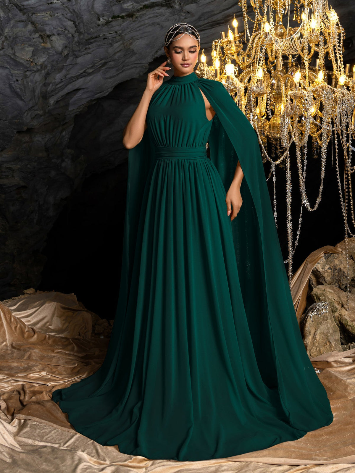 High Neck Chiffon Cape A-Line Evening Gown — authorized product image 4