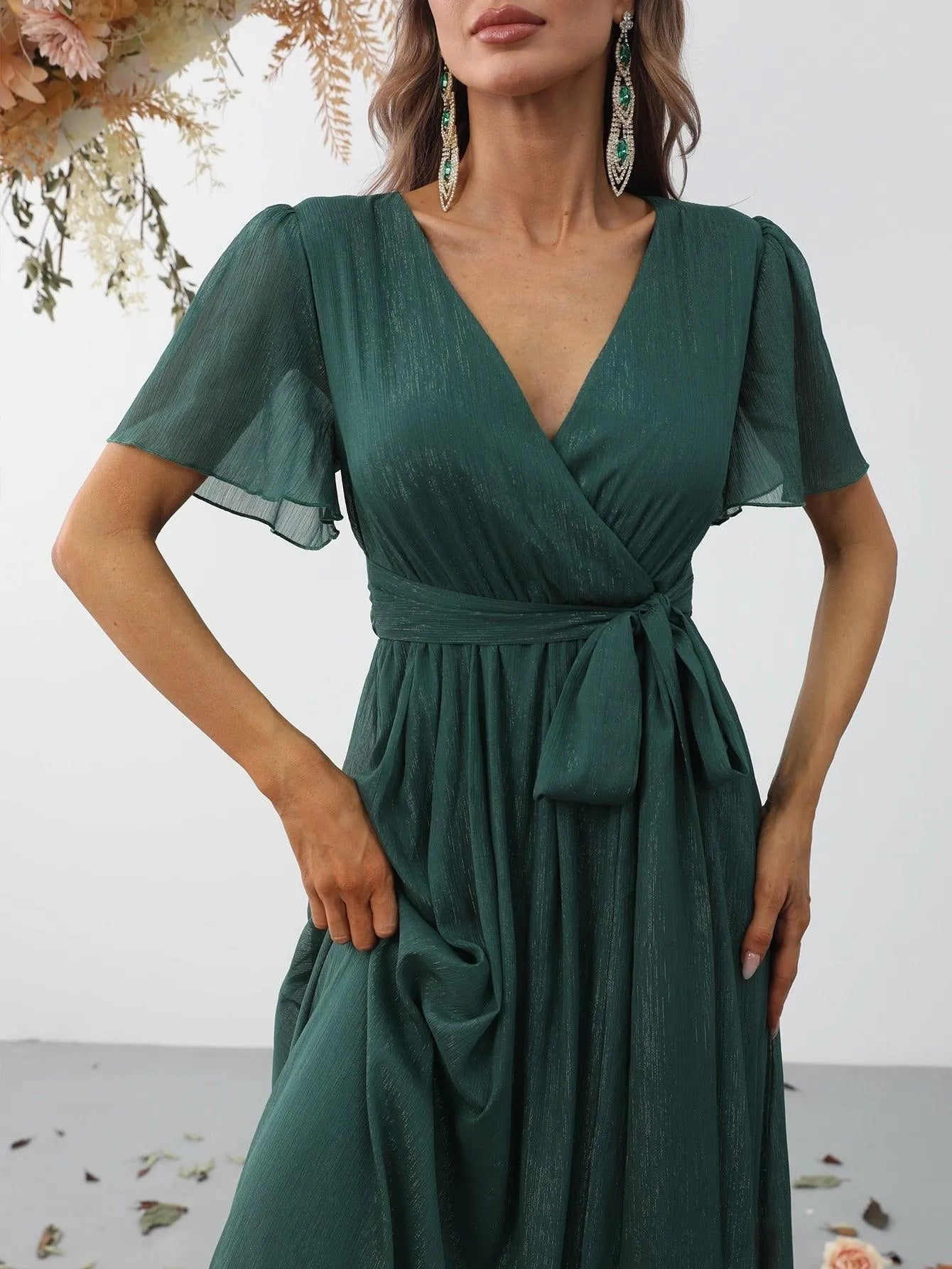 Additional product view of Belted V-Neck Chiffon A-Line Short-Sleeve Maxi Formal Dress