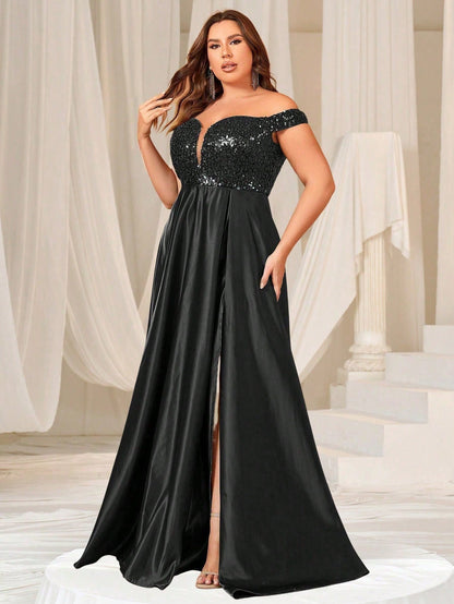 Plus Sweetheart Neckline Contrast Sequin Satin Prom Dress