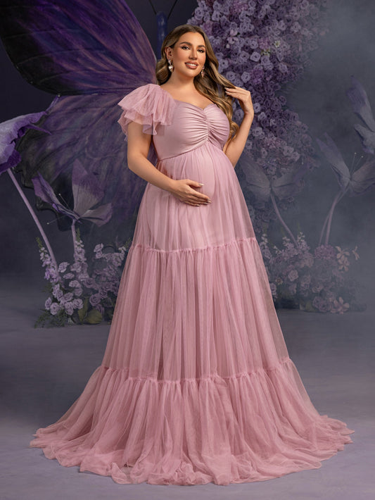 Plus-Size Maternity Spaghetti Strap Tulle Sleeveless A-Line Evening Gown — authorized product image 1