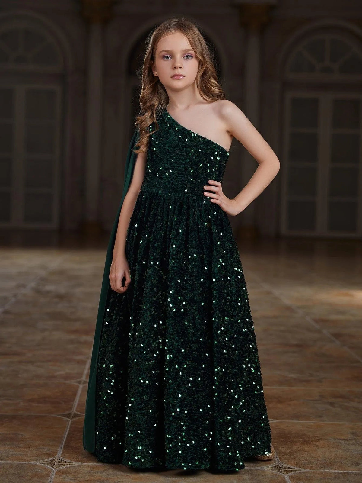 Tween Girls' One-Shoulder Draped Side Sequin A-Line Dress — authorized product image 4