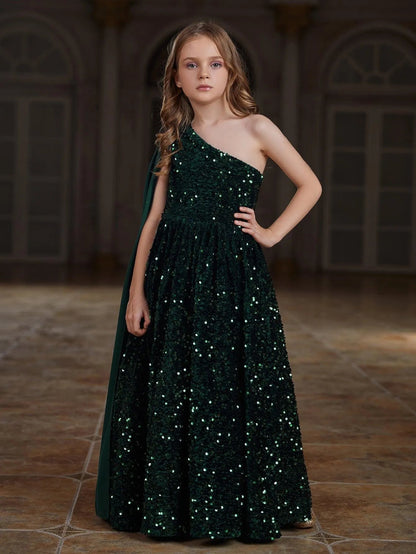 Tween Girls' One-Shoulder Draped Side Sequin A-Line Dress — authorized product image 4