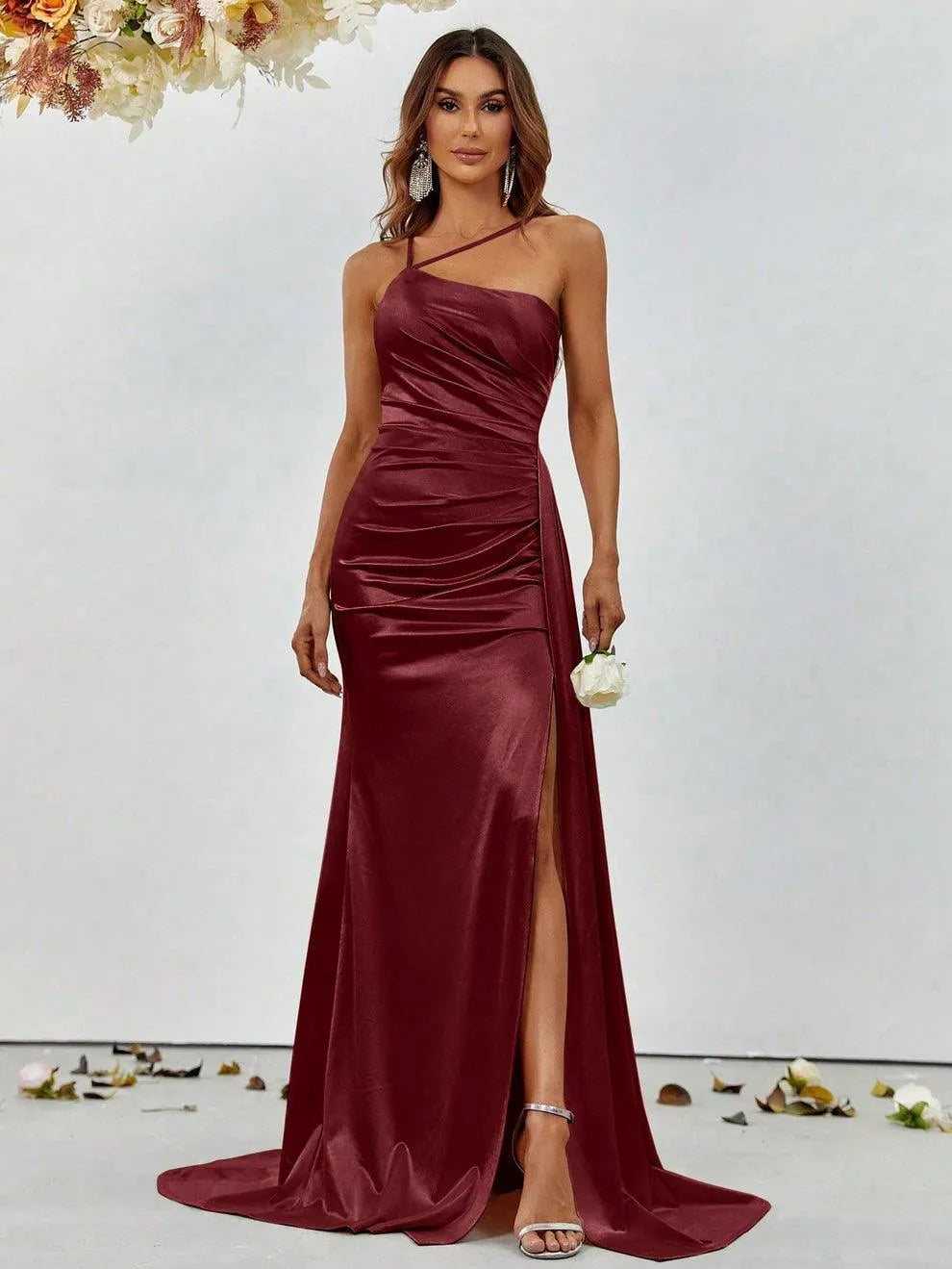 Additional product view of Asymmetrical Mermaid Hem Satin High-Slit Sleeveless Evening Gown