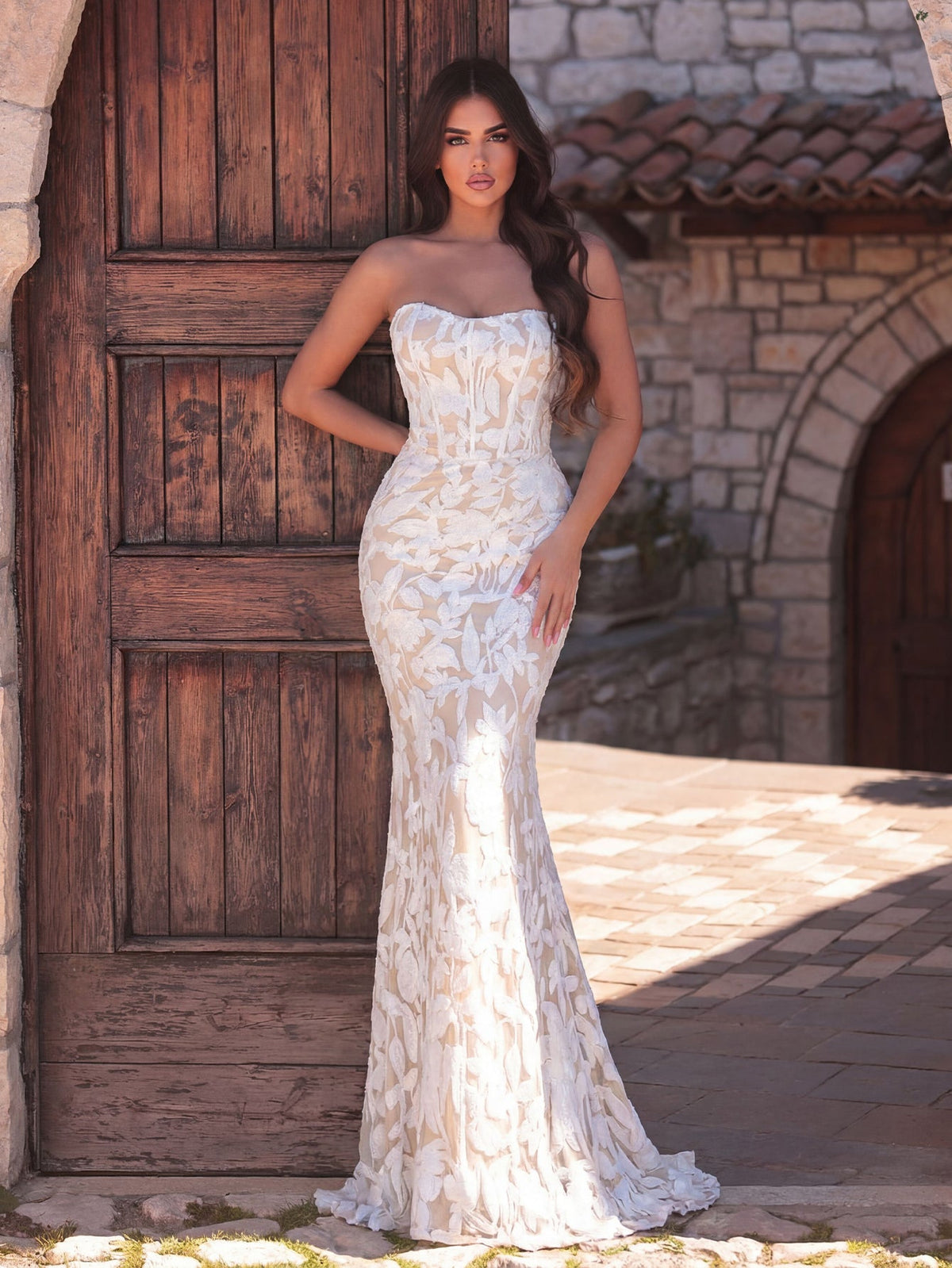 Elegant Strapless Mermaid Hem Floral Sequin Formal Evening Dress