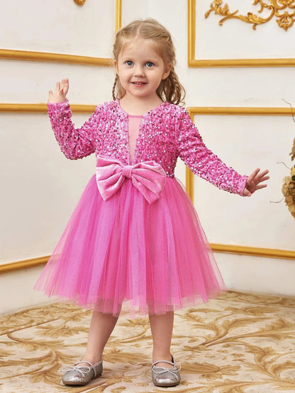 Additional product view of Bow-Front Sequin A-Line Long-Sleeve Mesh Young Girls' Party Dress