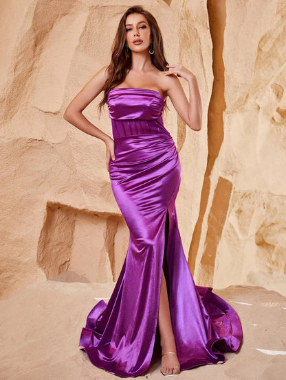 Tube Satin Slit Corset Prom Dress — authorized product image 1