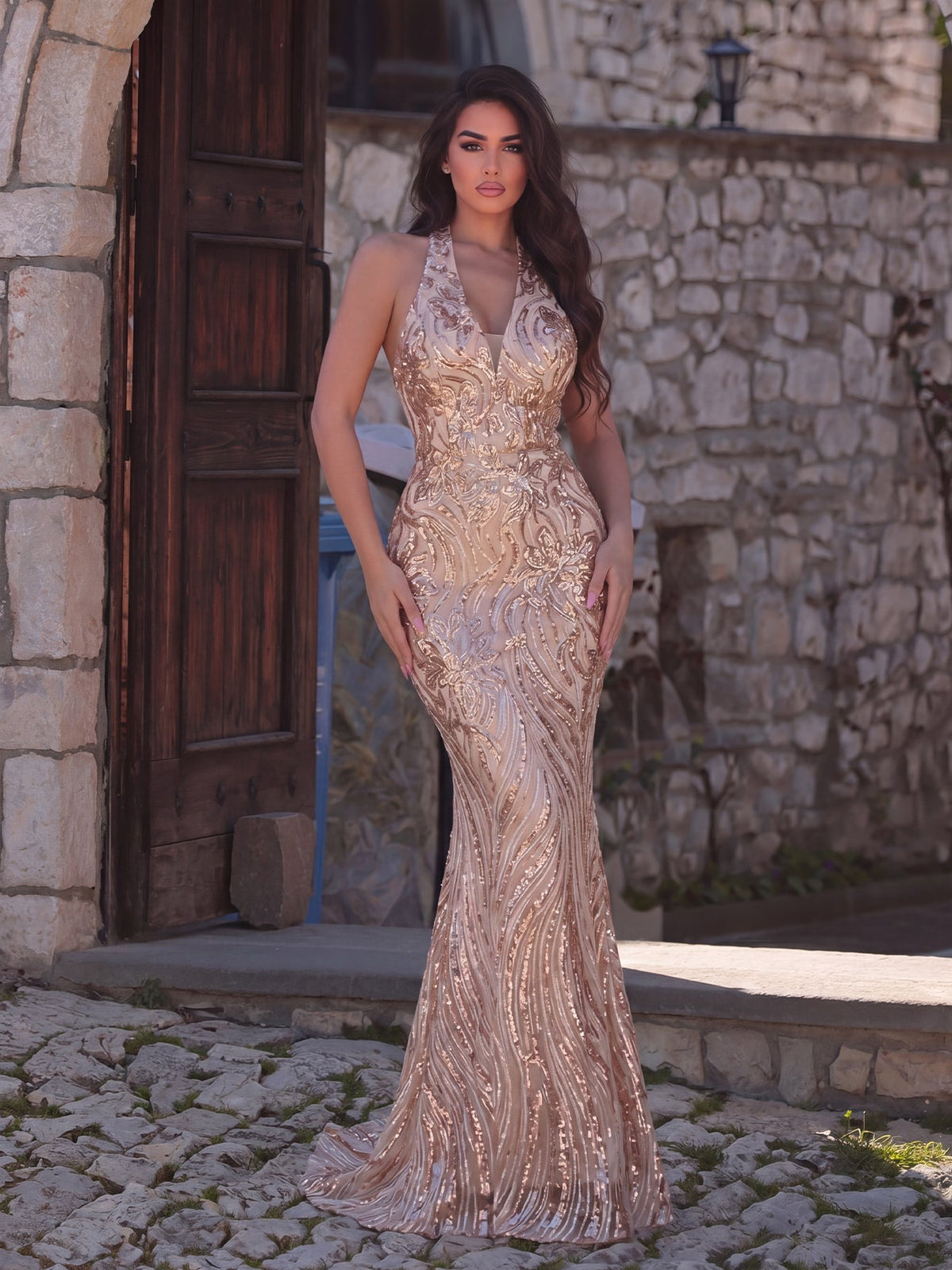 Halter Neck Backless Sequin Mermaid Dresses