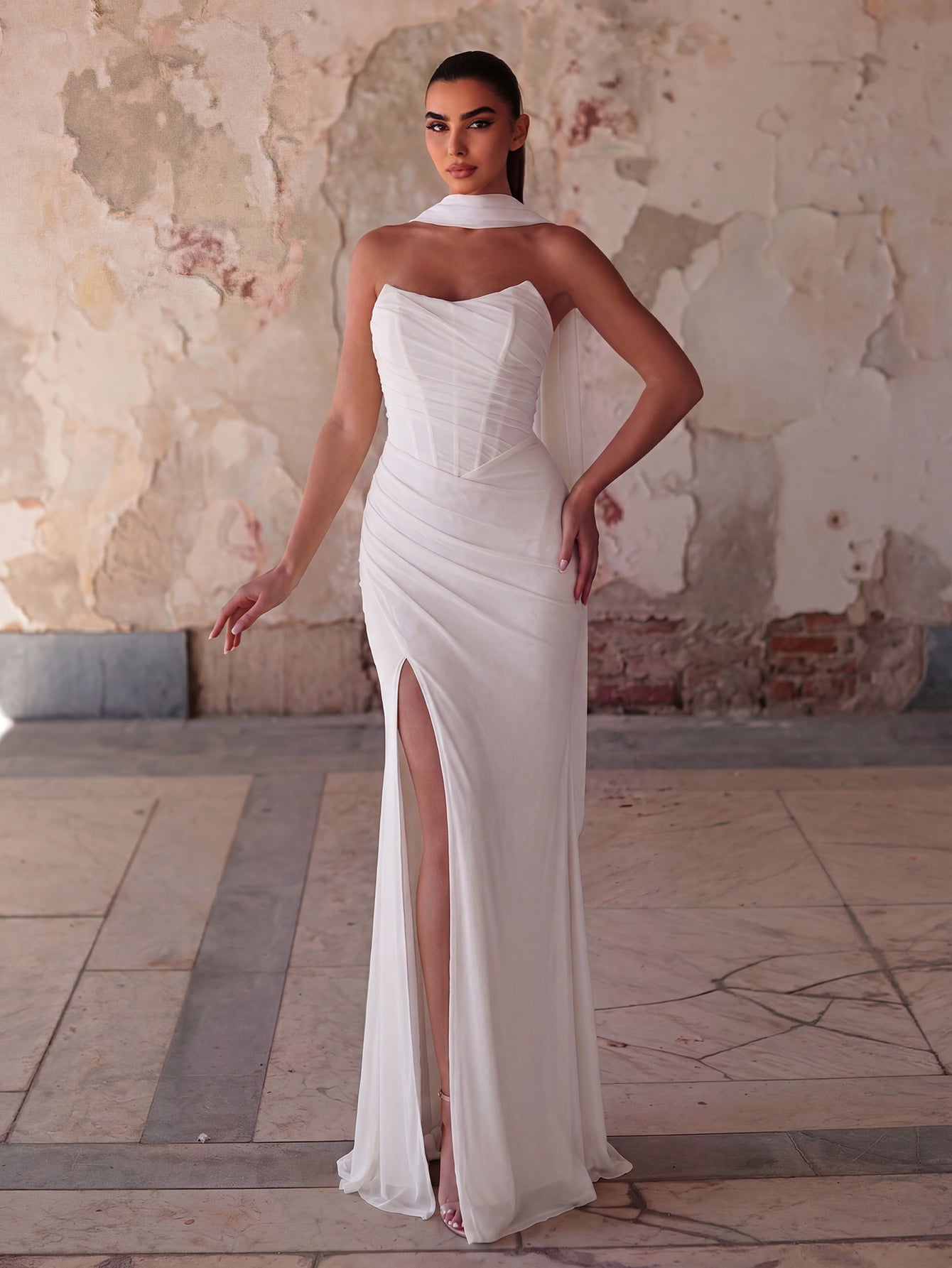 Additional product view of Lace-Up Back Strapless High-Slit Mermaid Sleeveless Evening Gown