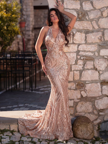 Halter Neck Backless Sequin Mermaid Dresses
