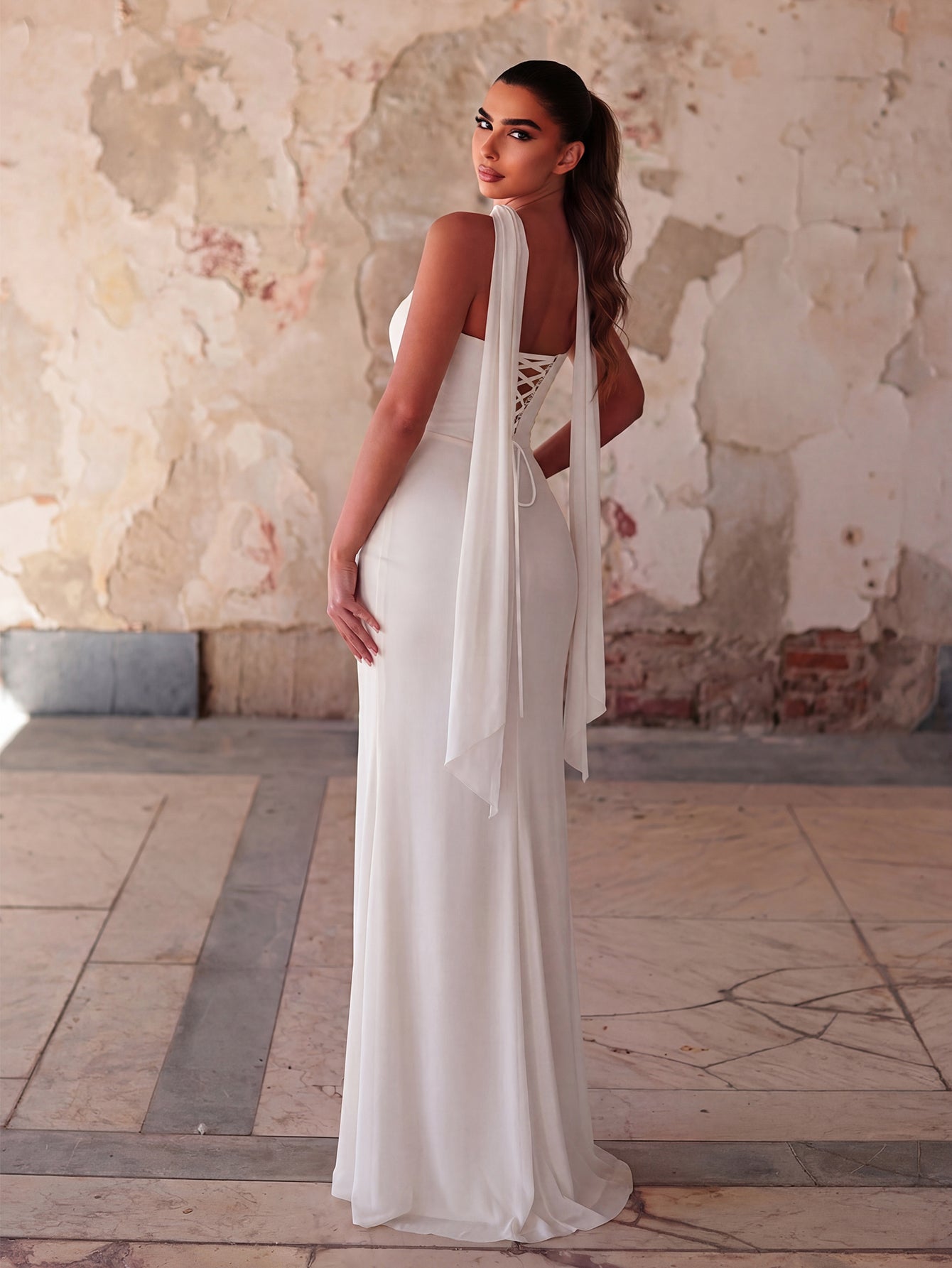 Additional product view of Lace-Up Back Strapless High-Slit Mermaid Sleeveless Evening Gown