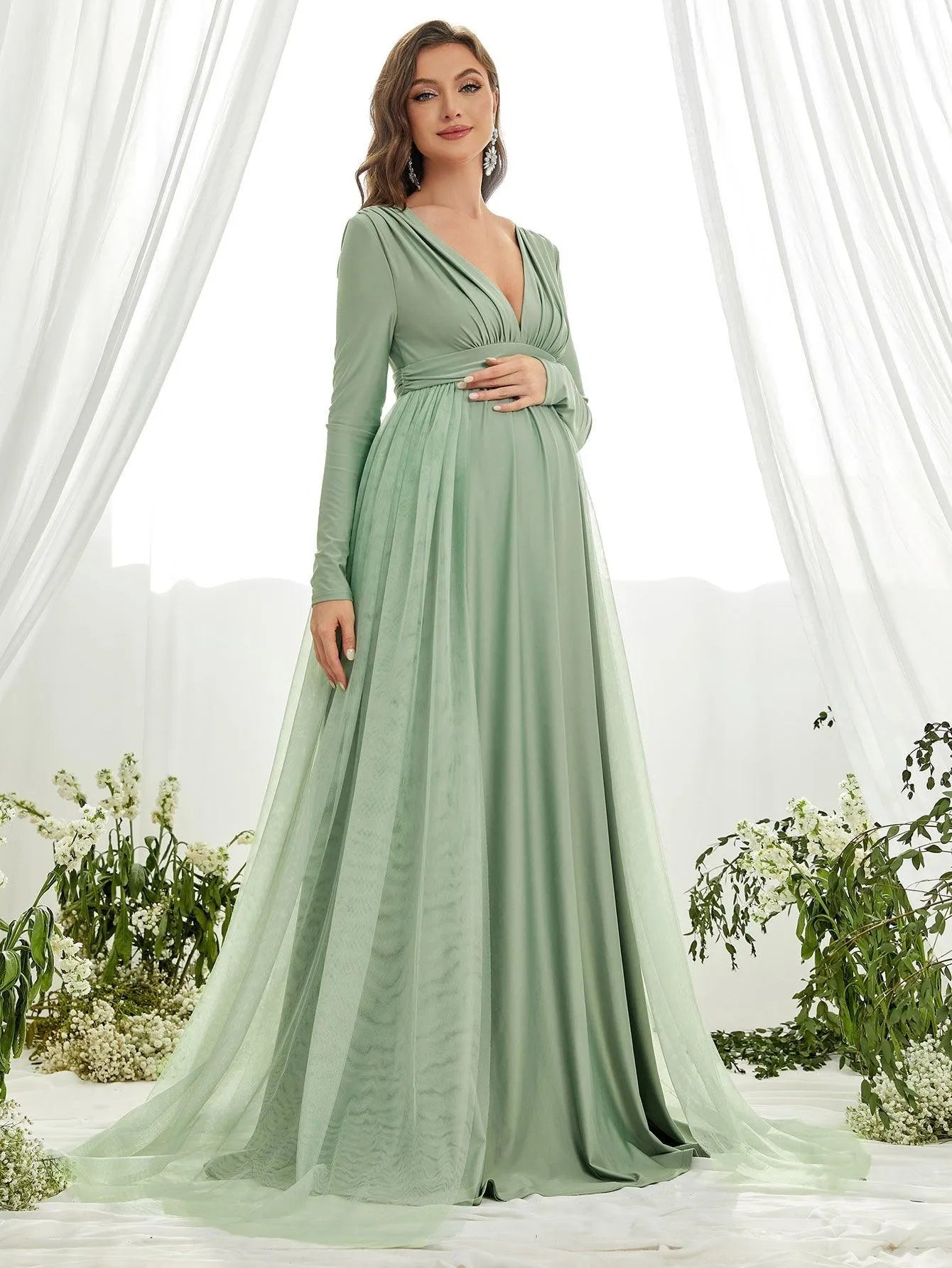 Additional product view of Contrast Mesh Plunging-Neck V-Neck Knit A-Line Maternity Evening Dress