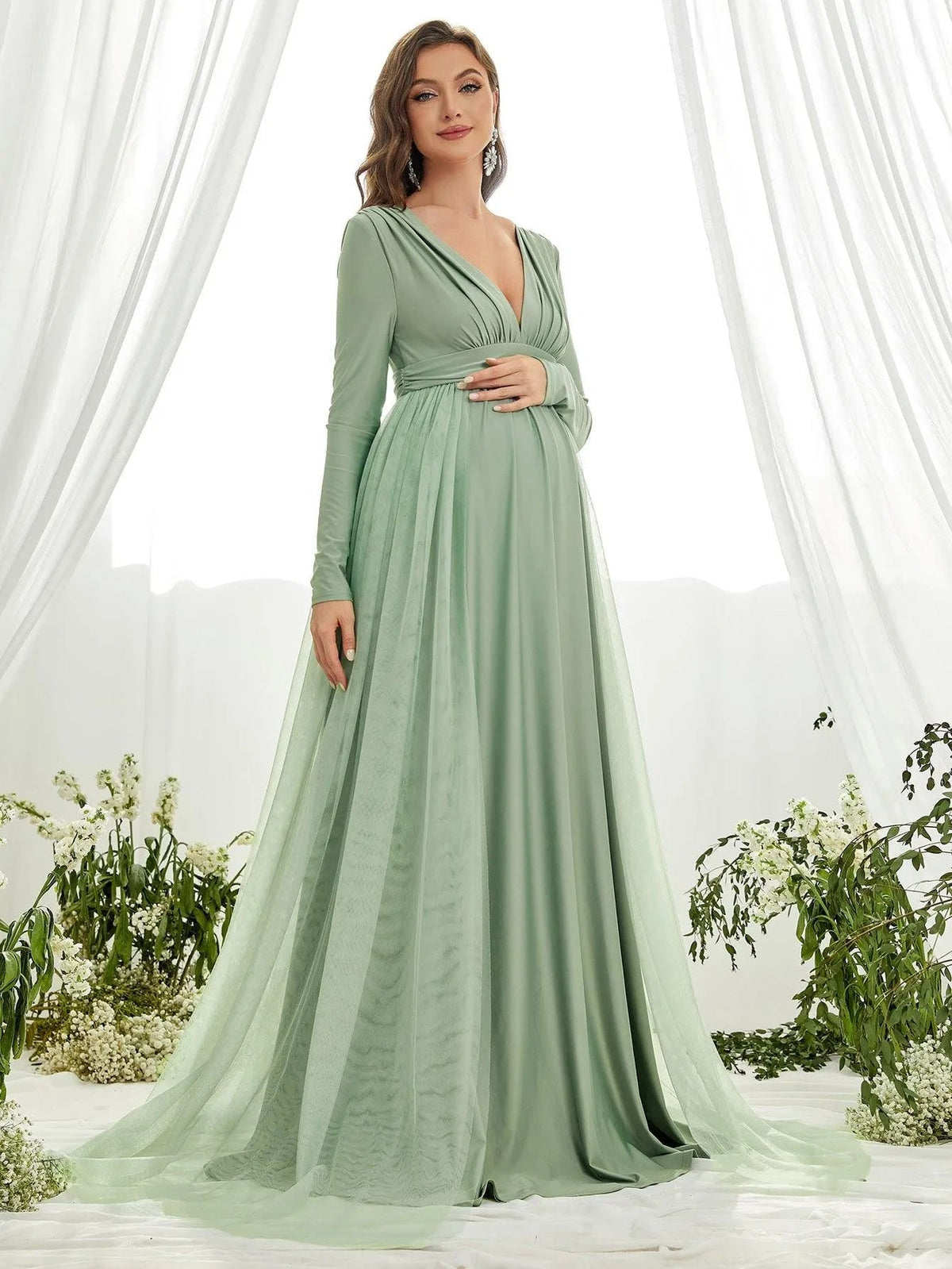 Additional product view of Contrast Mesh Plunging-Neck V-Neck Knit A-Line Maternity Evening Dress