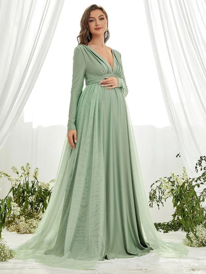 Additional product view of Contrast Mesh Plunging-Neck V-Neck Knit A-Line Maternity Evening Dress