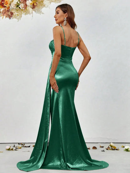 Additional product view of Asymmetrical Mermaid Hem Satin High-Slit Sleeveless Evening Gown