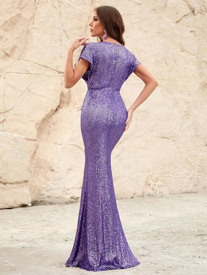 Additional product view of Surplice-Neck Batwing-Sleeve V-Neck Sequin Mermaid Evening Gown