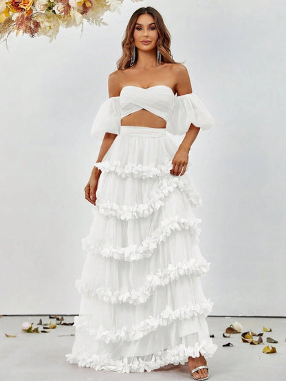Off-Shoulder Puff Sleeve Crop Top & Frill Trim Mesh Skirt – view 7