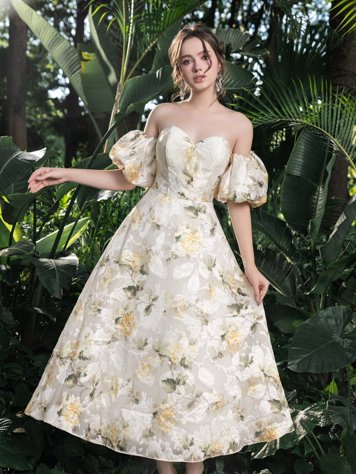 Off-Shoulder Floral Short-Sleeve A-Line Midi Dress — authorized product image 3
