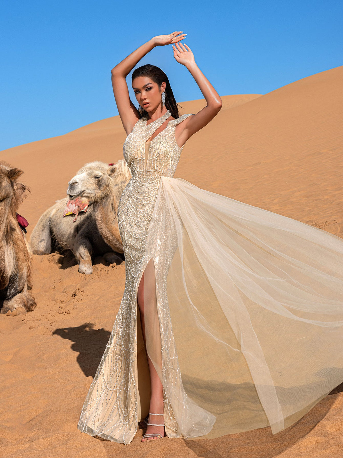 Additional view of Asymmetrical Neck Beaded Mermaid Evening Gown