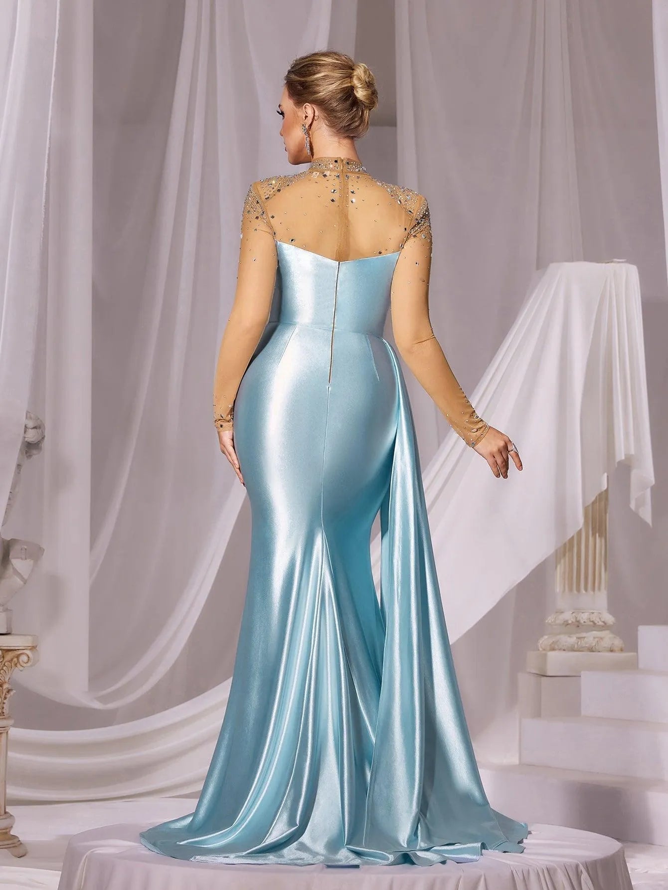 Rhinestone Detail Mock Neck Satin Mermaid Prom Dress