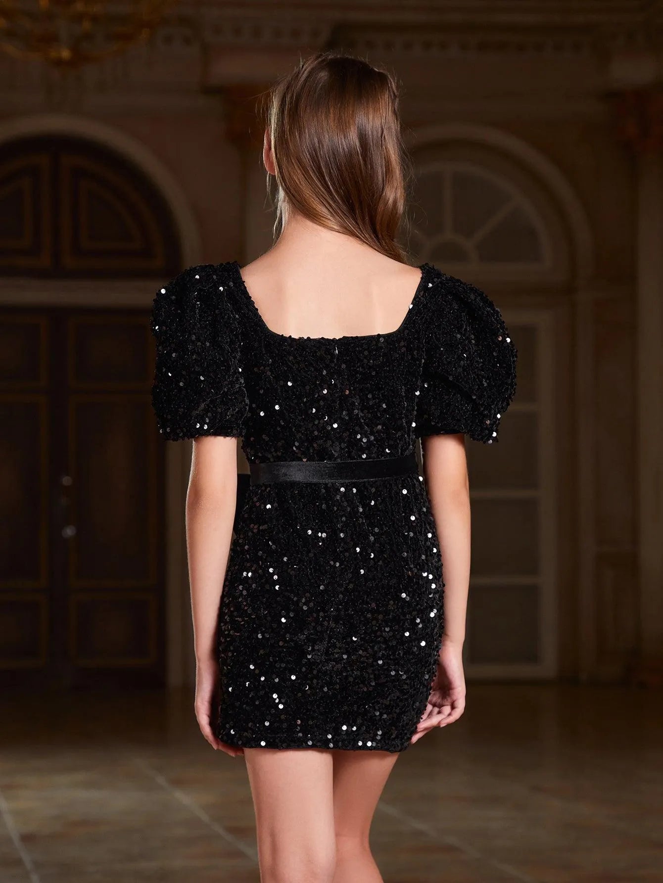 Tween Girls' Square Neck Sequin Puff-Sleeve Bodycon Formal Dress — authorized product image 2
