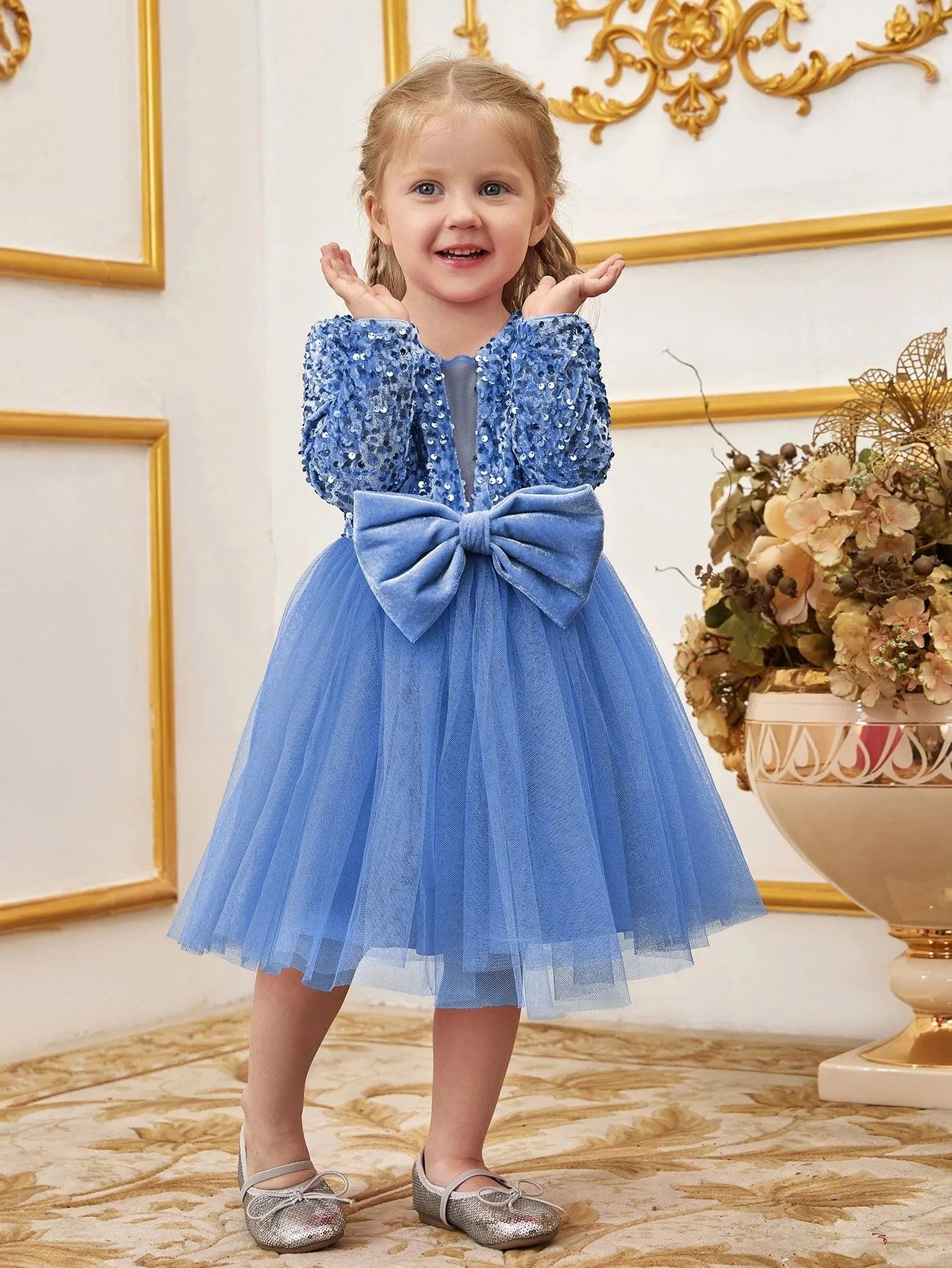 Additional product view of Bow-Front Sequin A-Line Long-Sleeve Mesh Young Girls' Party Dress