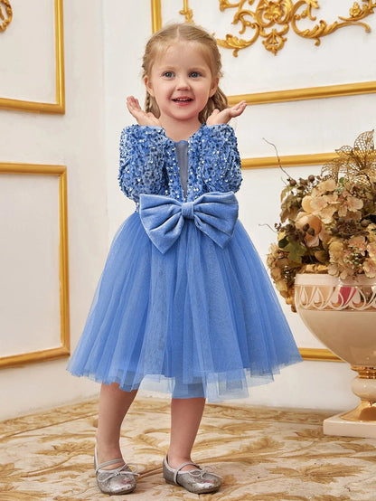 Additional product view of Bow-Front Sequin A-Line Long-Sleeve Mesh Young Girls' Party Dress