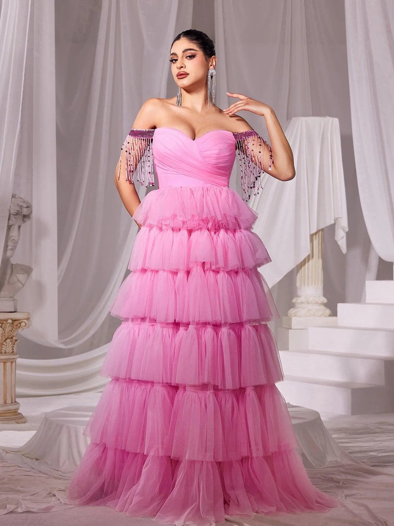 Off-Shoulder Fringed Sleeves Mesh Cake Dress – view 4