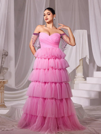 Off-Shoulder Fringed Sleeves Mesh Cake Dress – view 4