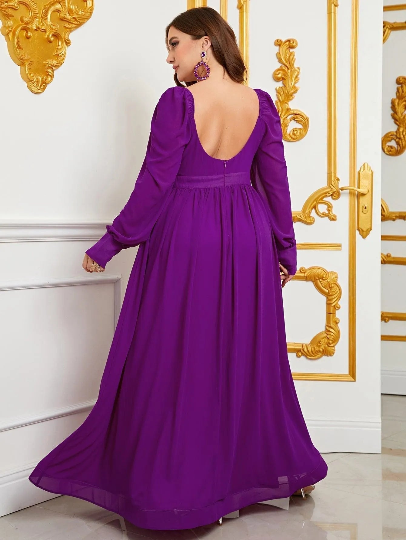 Plus Sweetheart Neck Backless Long Sleeve Chiffon A line Dress