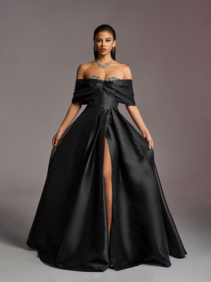 Black Off-Shoulder Satin Prom Dress with Rhinestones - product image 1