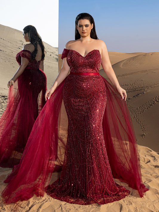 Plus-Size Strapless Tulle Sleeveless Mermaid Evening Gown — authorized product image 1